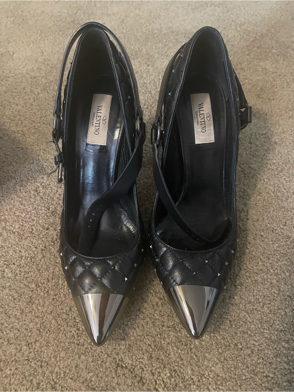 Valentino Black Quilted Leather Pointed Pumps with Silver Cap